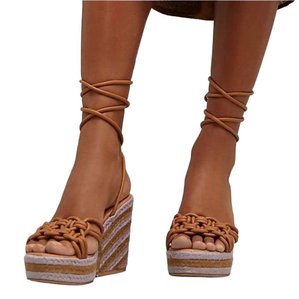 NWT Anthropologie Raffia Purple Tan Platform Heels Lace Up Sandals Size 40 Boho